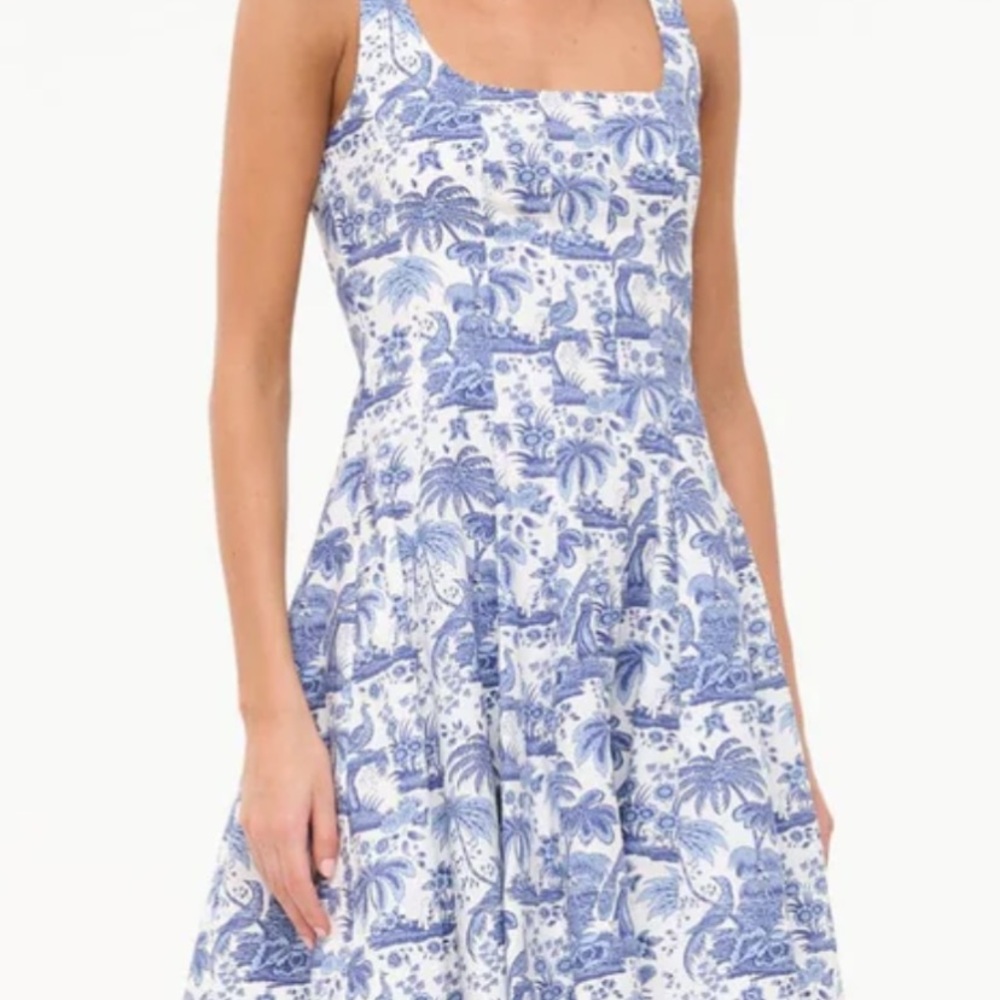 STAUD Blue and White Sleeveless A-Line Midi Dress